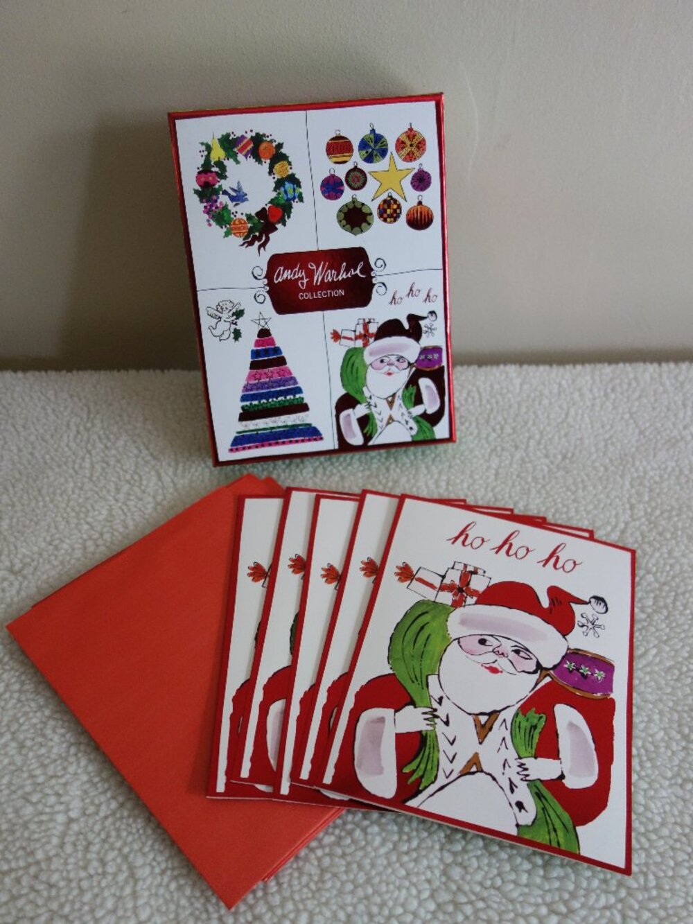 5 Christmas / Santa Claus ANDY WARHOL Holiday Cards & Envelopes w/ box